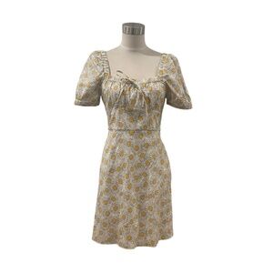 NWOT HVN yellow white daisy cotton poplin puff sleeve dress 6 $375+